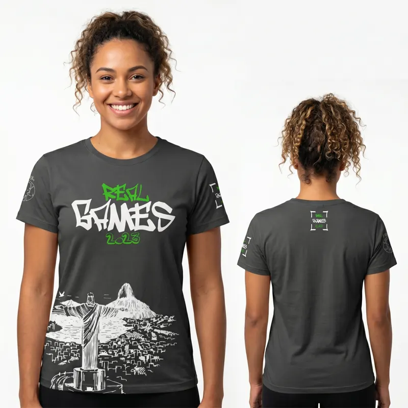 Camiseta Games Cinza Feminina, frente e costas